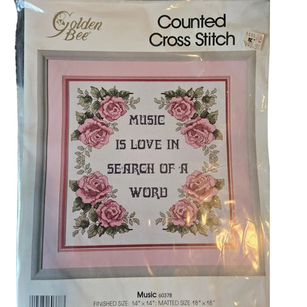 Vintage Golden Bee Counted Cross Stitch Kit - Music is Love Pink Roses NIP